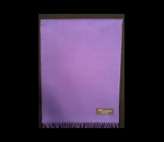Purple cashmere scarf with fringe detail and a small label.