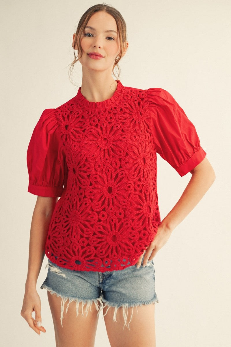 Callie Front Crochet Lace Contrast Solid Top