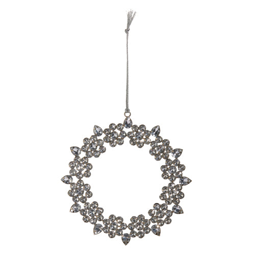 6-inch silver jeweled wreath ornament made of iron and acrylic with a hanging string.