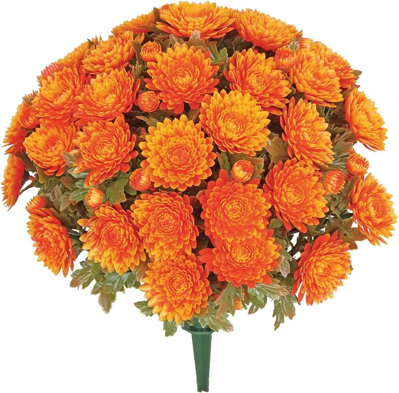 16.53 inch UV-proof orange mum bush stake with vibrant artificial flowers and green leaves.