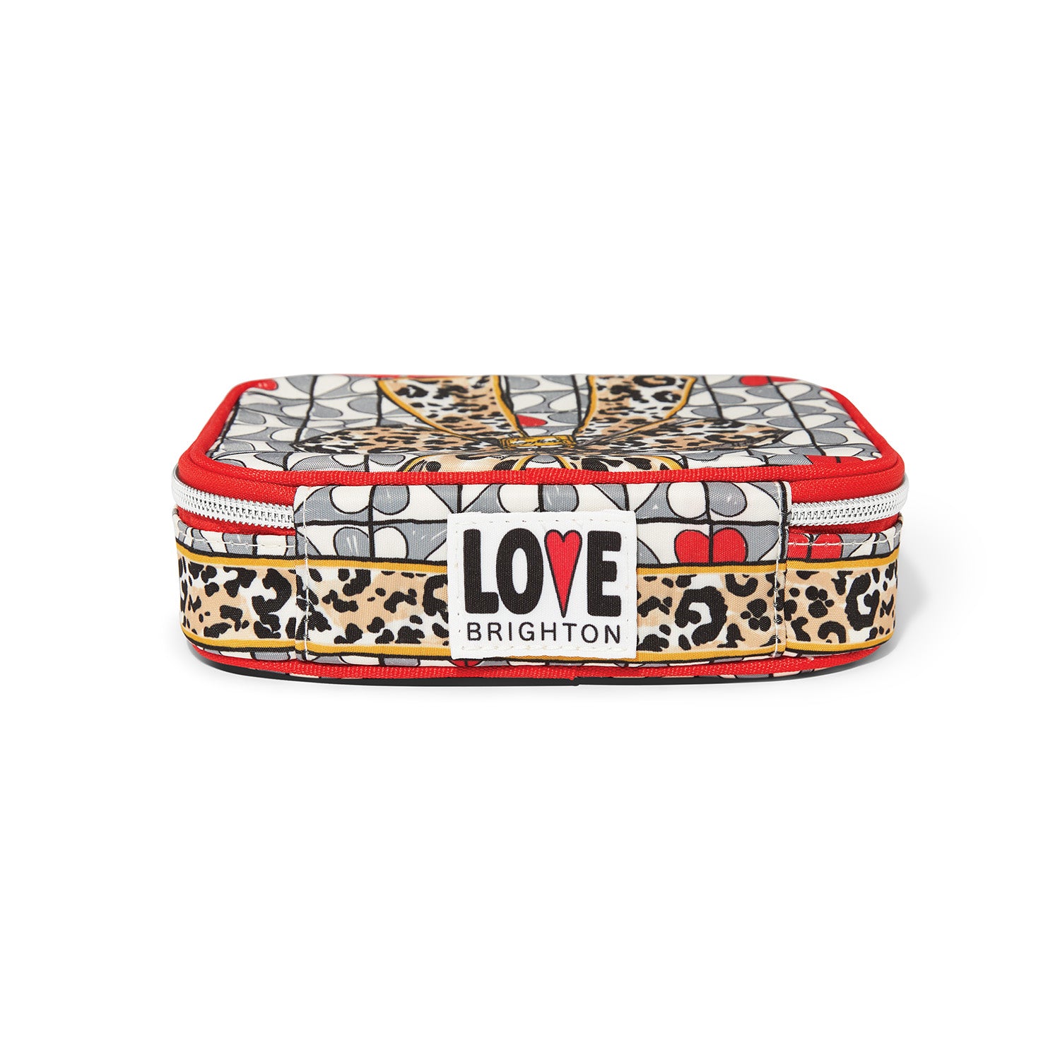 Wild Love Jewelry Case with leopard print, heart patterns, and 'LOVE BRIGHTON' patch.