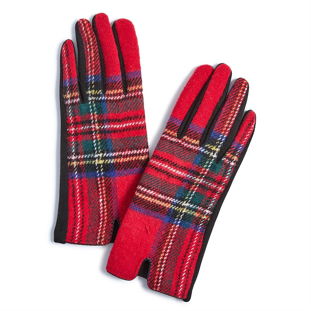 Red and black tartan plaid gloves with black microsuede trim and touchscreen fingertips.