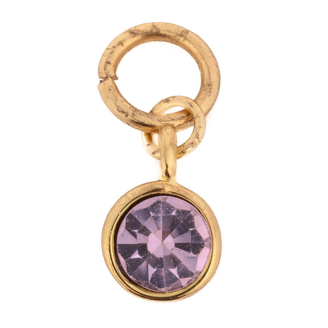 Thea Charm Birthstone featuring a round purple crystal in a gold-toned bezel setting.