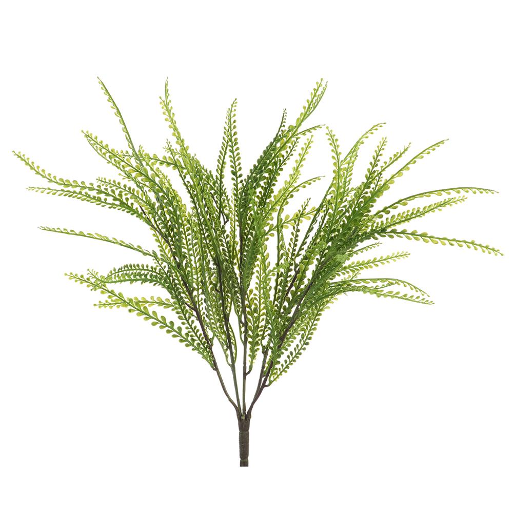 Soft PE button fern bush with green plastic leaves on metal wire frame