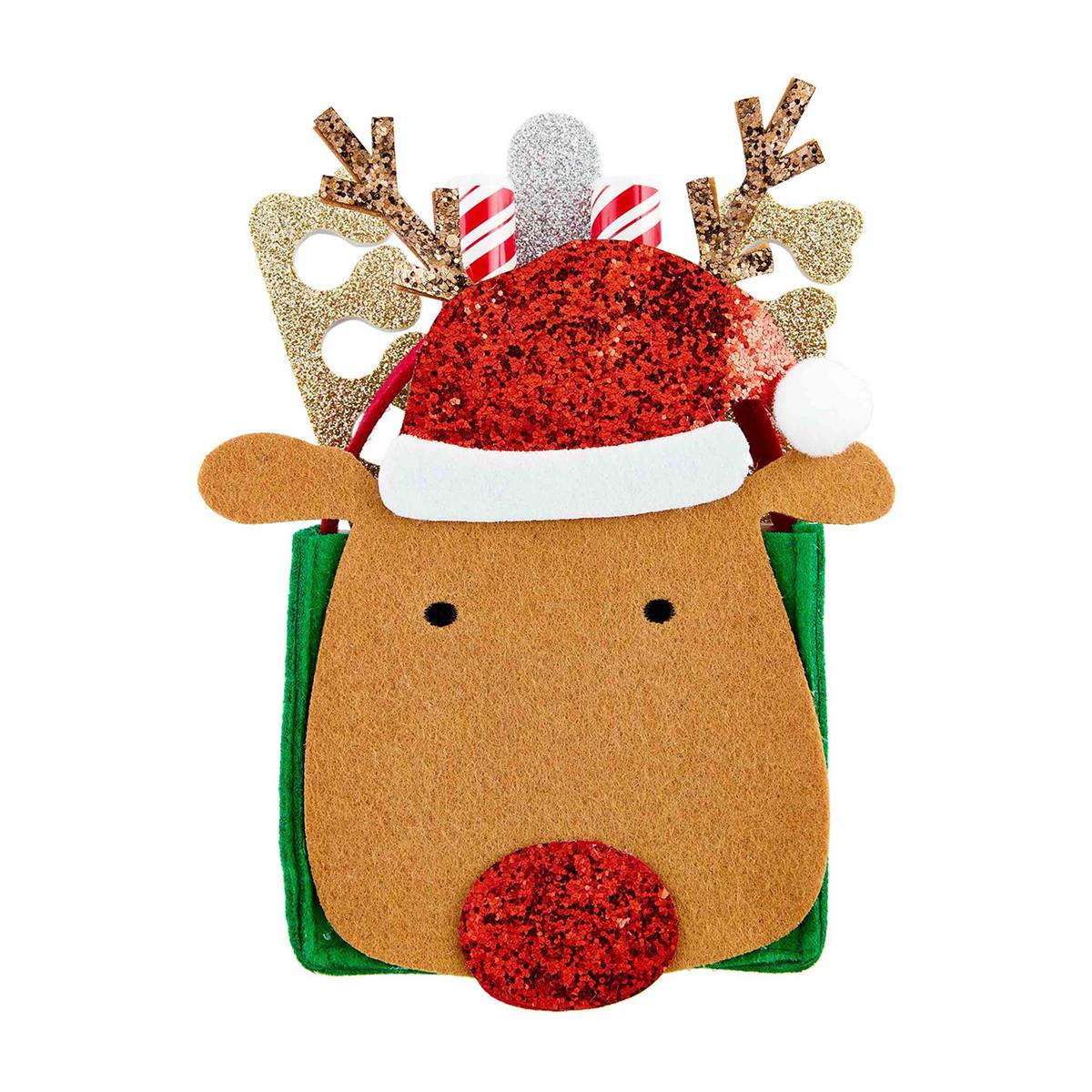 Felt reindeer Christmas bag with Santa hat, glitter antlers, and candy cane accents.