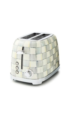 Stainless steel 2-slice toaster with a grey and white checkered pattern and silver-tone controls.