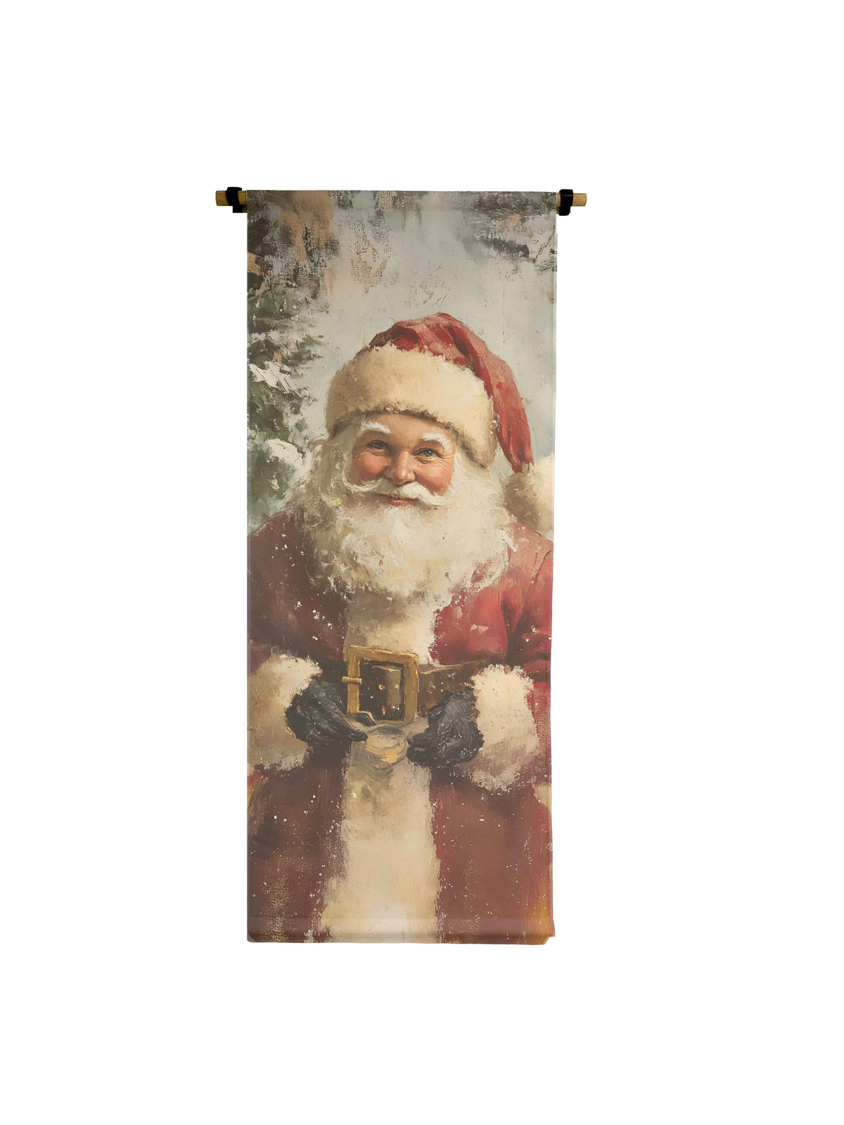 Vertical canvas scroll featuring a vintage-style Santa Claus illustration on raw natural canvas.
