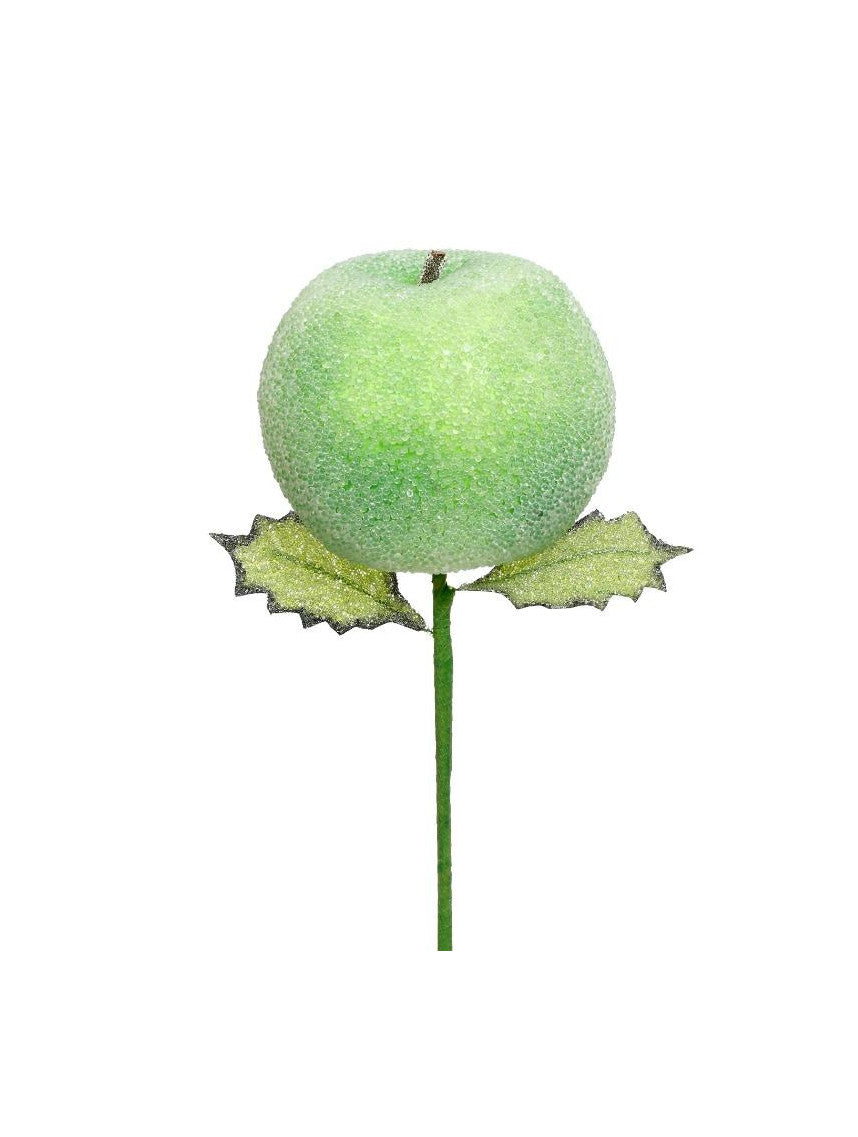 Single green glittered apple pick with two leaves on a thin green stem.