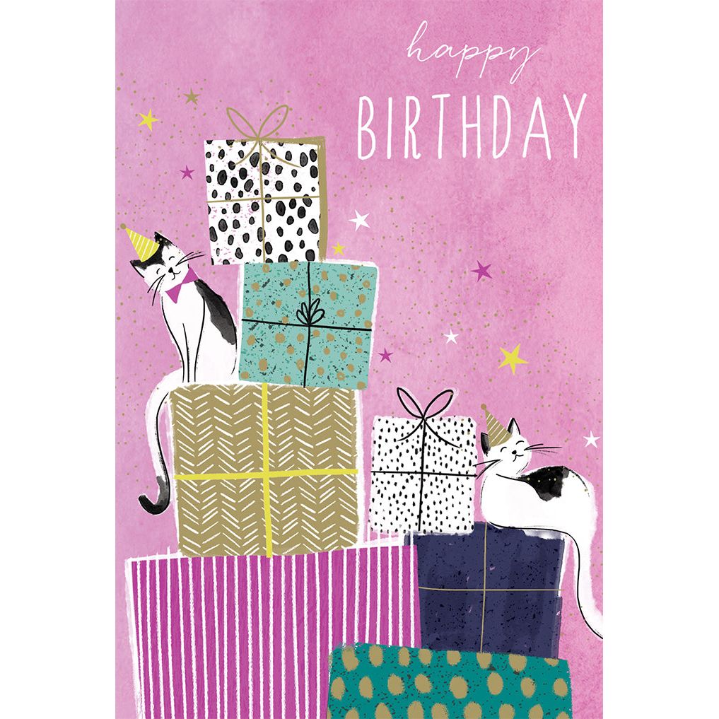 Sara Miller birthday card with foil refinements showing cats on presents.