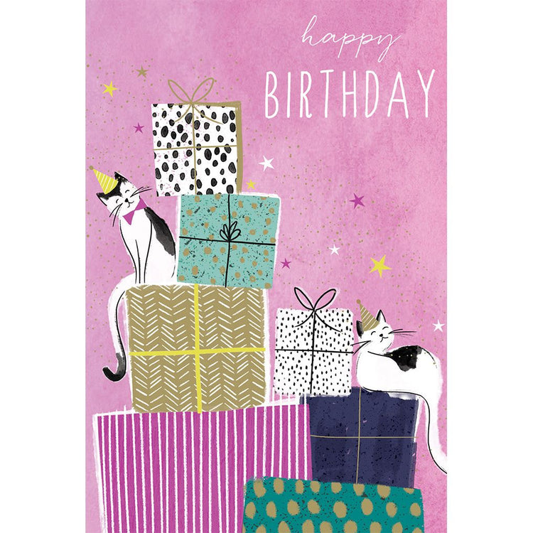 Sara Miller birthday card with foil refinements showing cats on presents.
