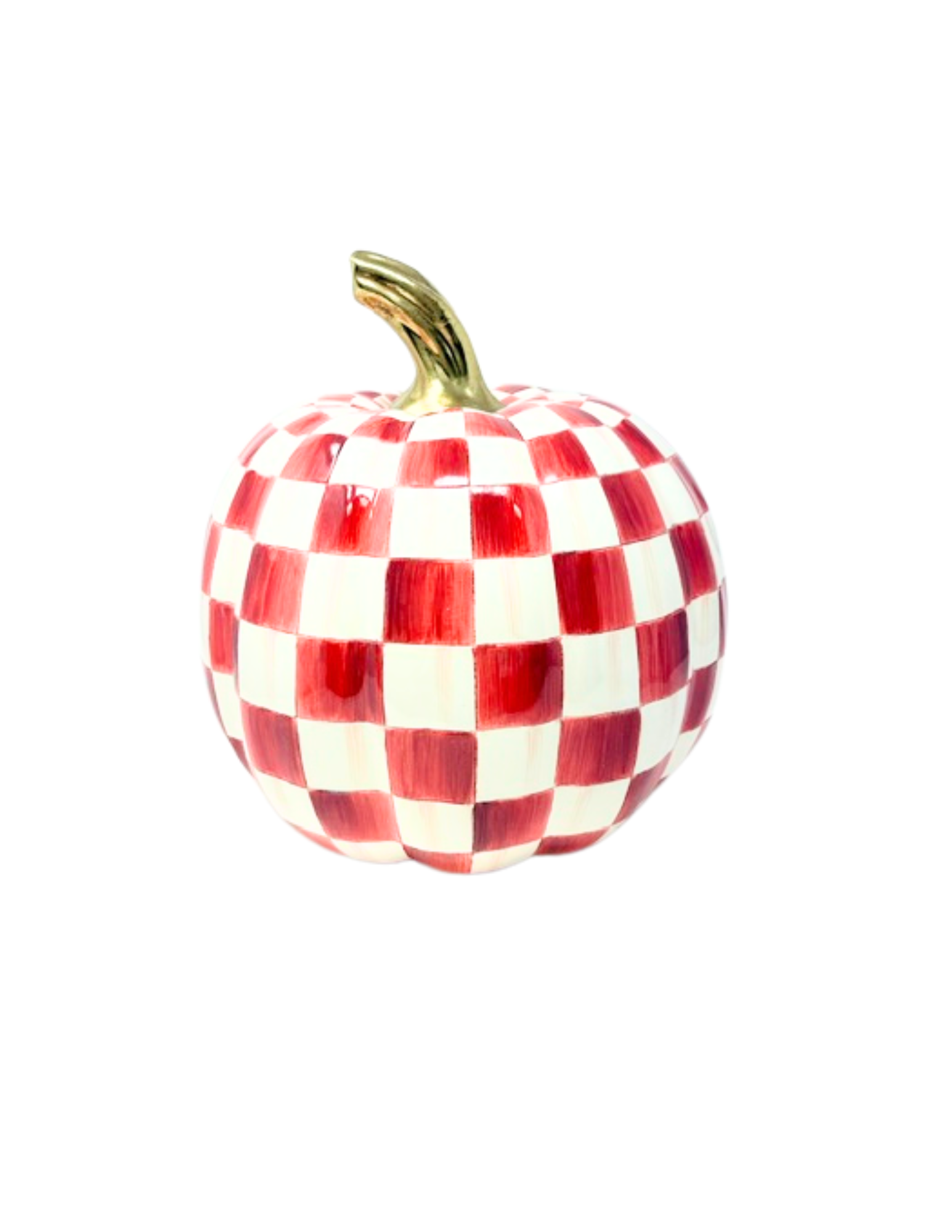 Medium resin pumpkin with a red and white paprika check pattern and a gold stem.