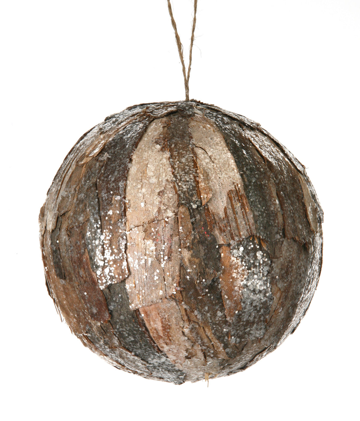 6-inch round Christmas ornament covered in natural bark strips with frosted glitter accents.