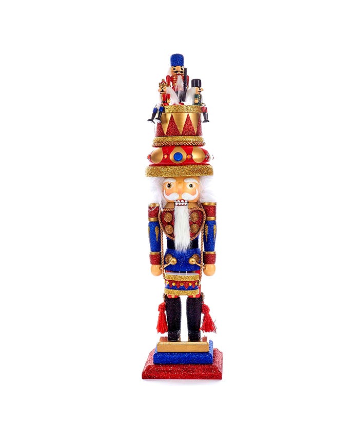 20-inch Hollywood Music Box Hat Nutcracker with a drum and miniature nutcrackers on its hat.