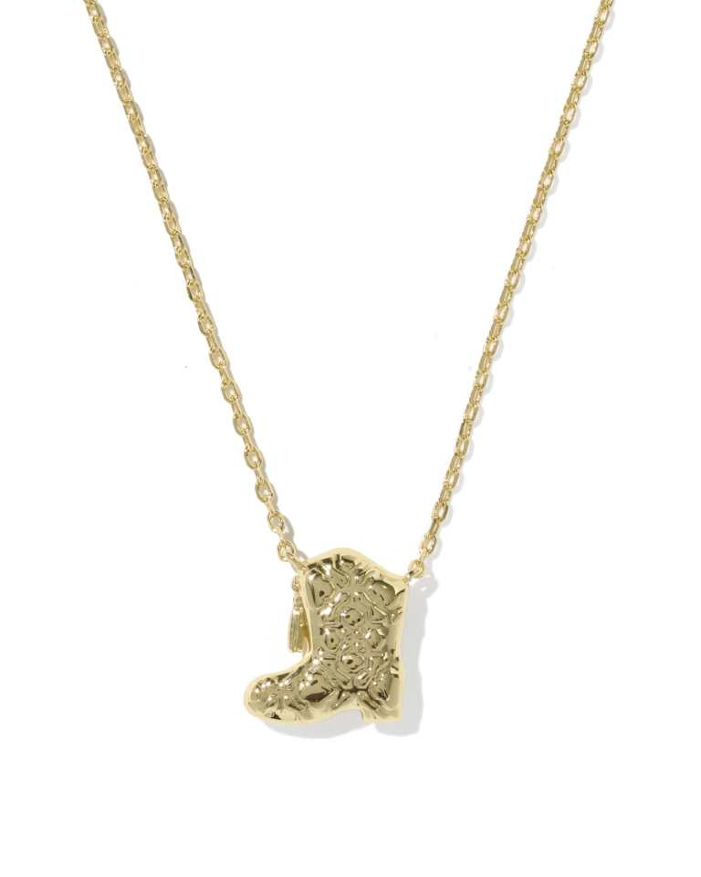 Gold chain necklace featuring a textured gold drill team boot pendant.
