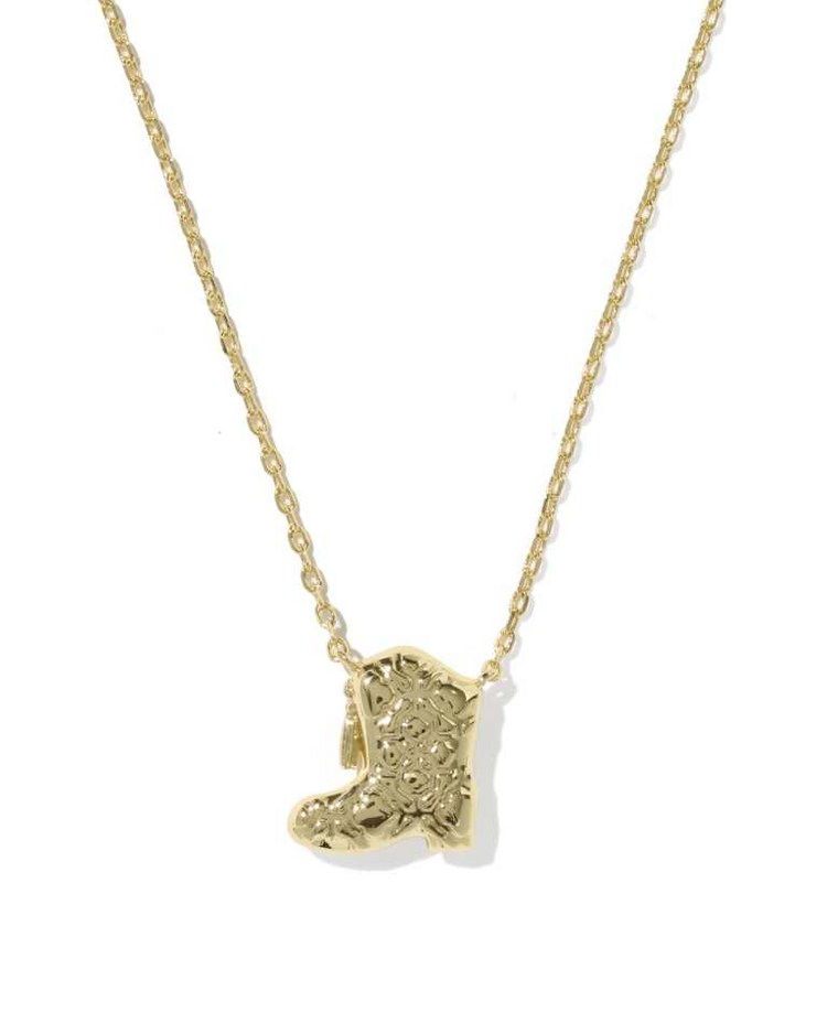 Gold chain necklace featuring a textured gold drill team boot pendant.