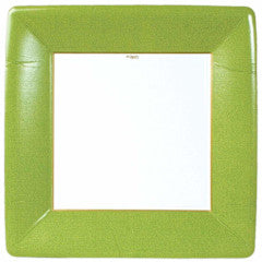 Square green paper dinner plate with a white center and gold trim.