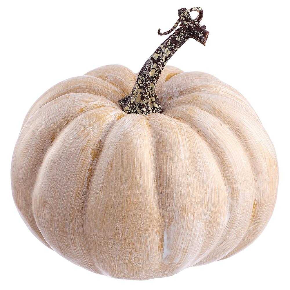 Artificial pumpkin made of plastic and styrofoam with a realistic orange finish.