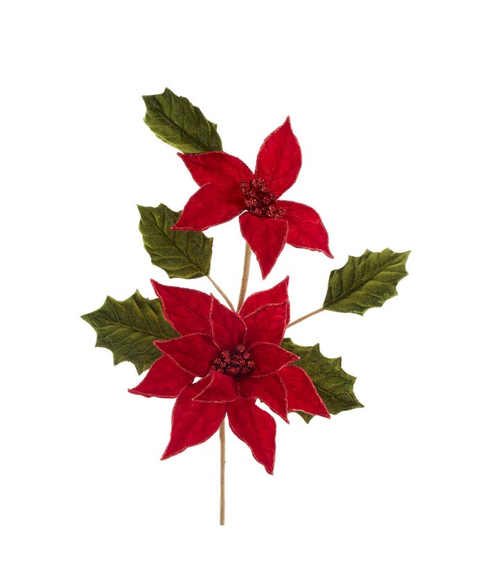 Holly & Poinsettia Pick artificial floral arrangement with green holly leaves and red poinsettia blooms on a metal stand.