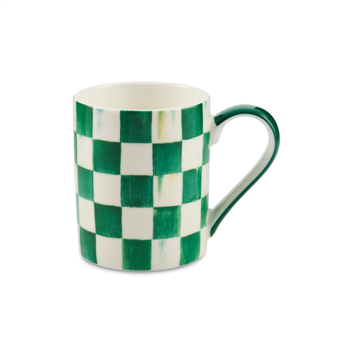 Check Porcelain Mug with a green and white hand-painted checkered pattern and a green handle.