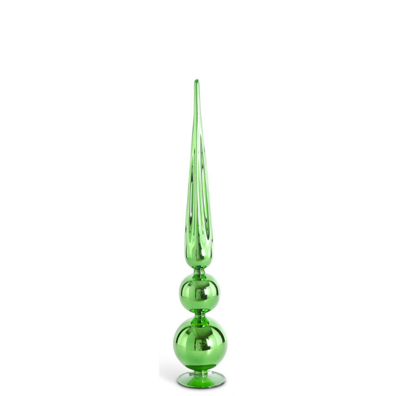 Handcrafted green glass finial with stacked spheres and a tapered point on a flat base.