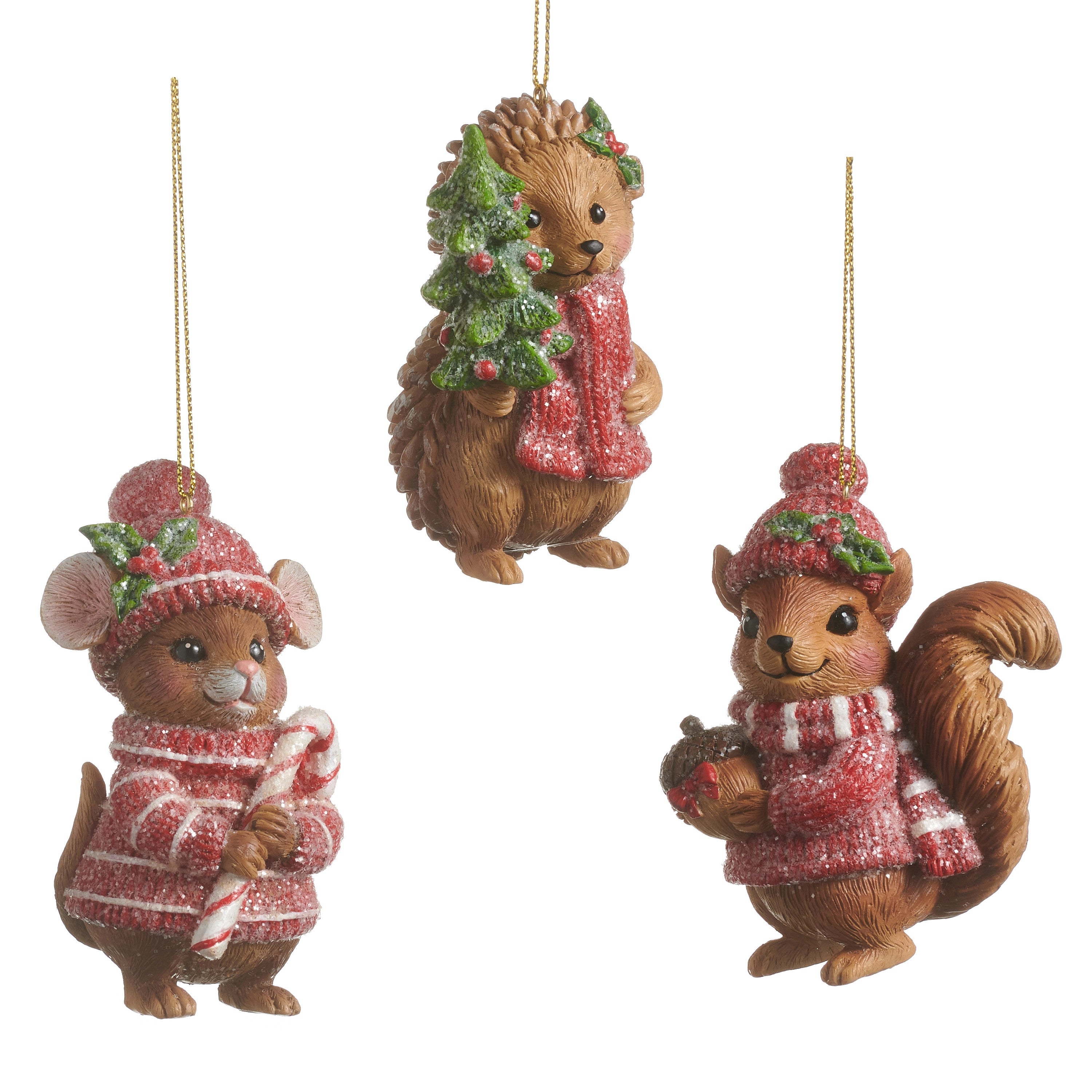 Three 3.5-inch resin Christmas ornaments: a mouse with a candy cane, a hedgehog, and a squirrel.