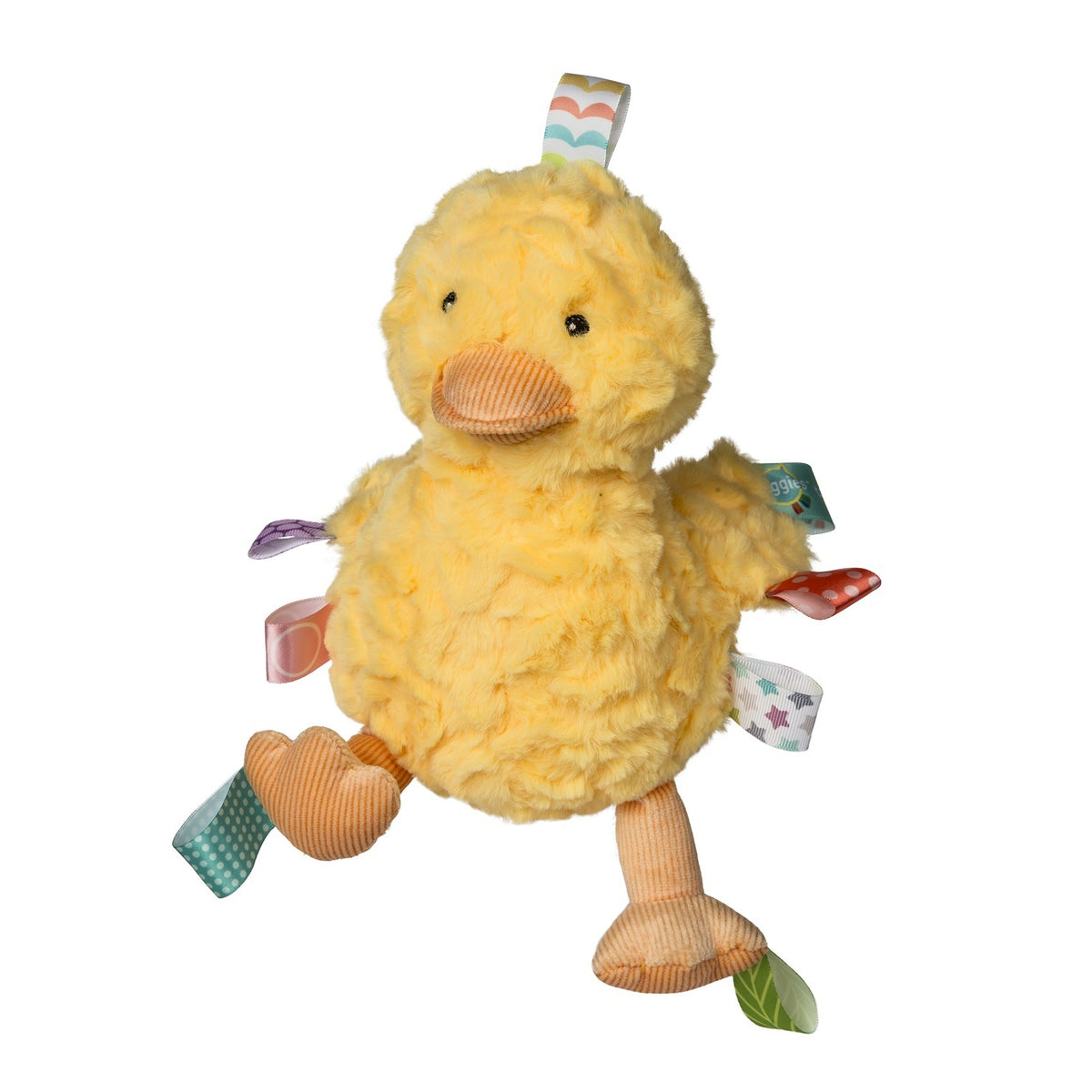 Mary Meyer yellow duck soft toy with colorful sensory ribbons and corduroy beak and feet.