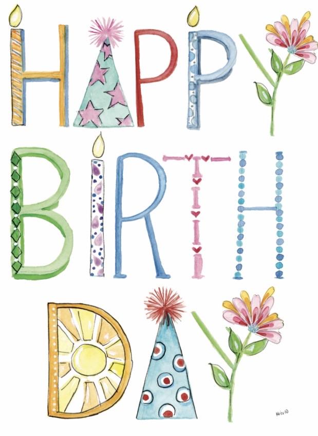 Happy Birthday text with decorative letters, candles, party hats, and flowers.
