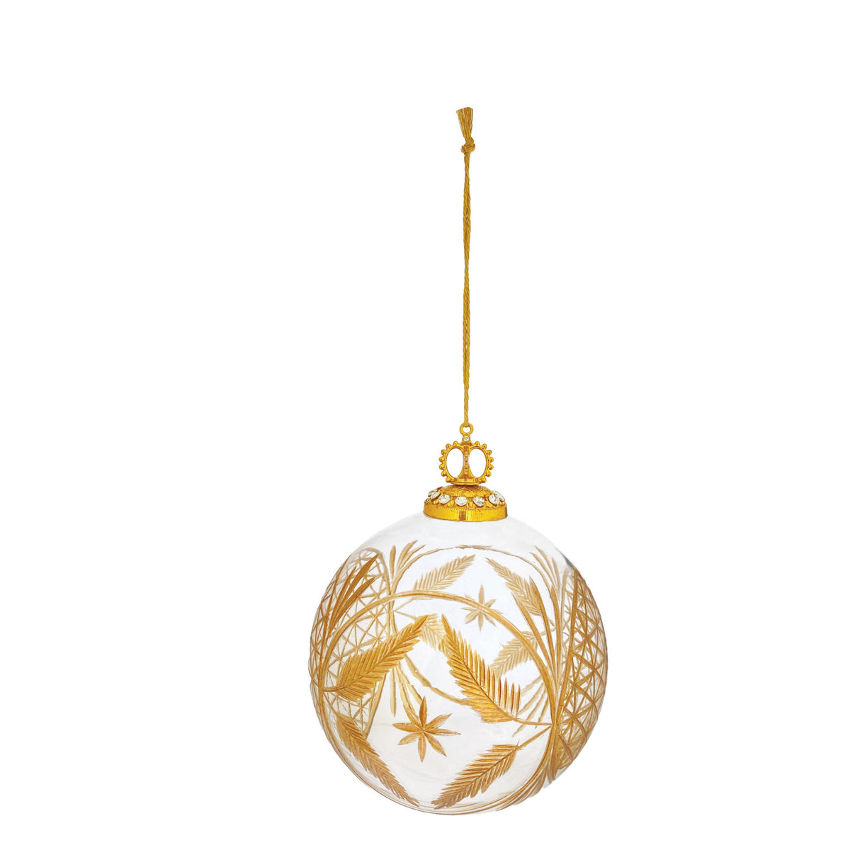 Hand-blown clear glass ball ornament with gold etched wheat and star designs and a gold cap.