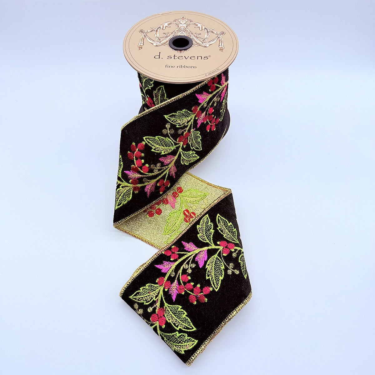 4 inch black velvet ribbon with red and pink embroidered vining berries and green leaves.