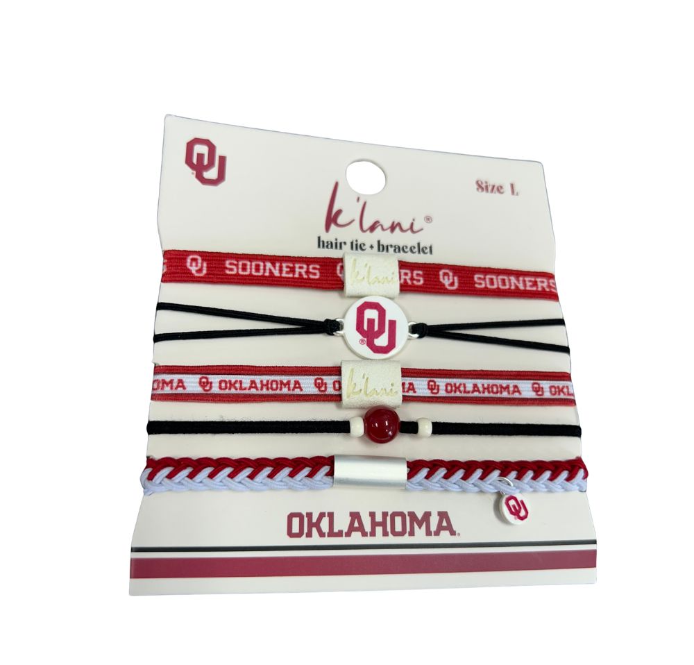Set of five Oklahoma Sooners hair tie bracelets in crimson, white, and black on a display card.