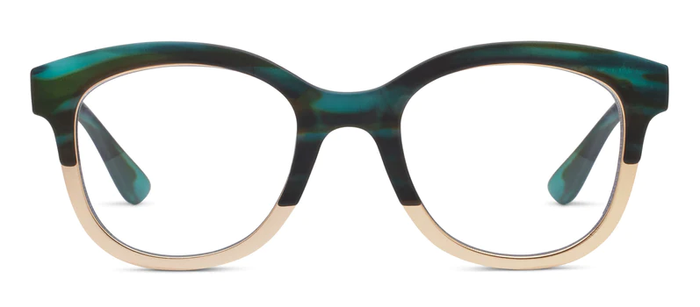 Georgia eyeglasses in soft square frames with earthy tortoise shell pattern and metallic detailing.
