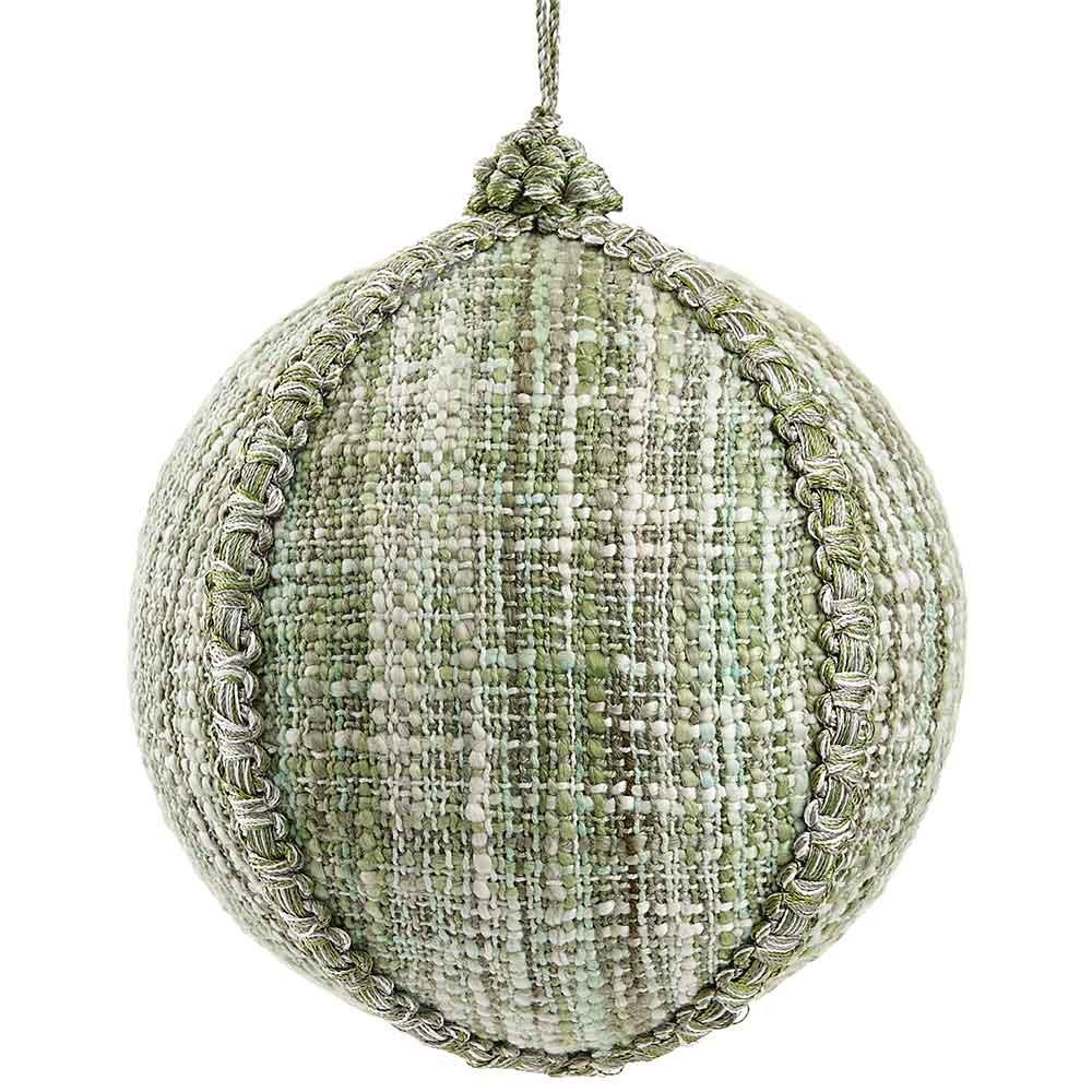6-inch green cotton slub ball ornament with textured woven fabric and braided trim.