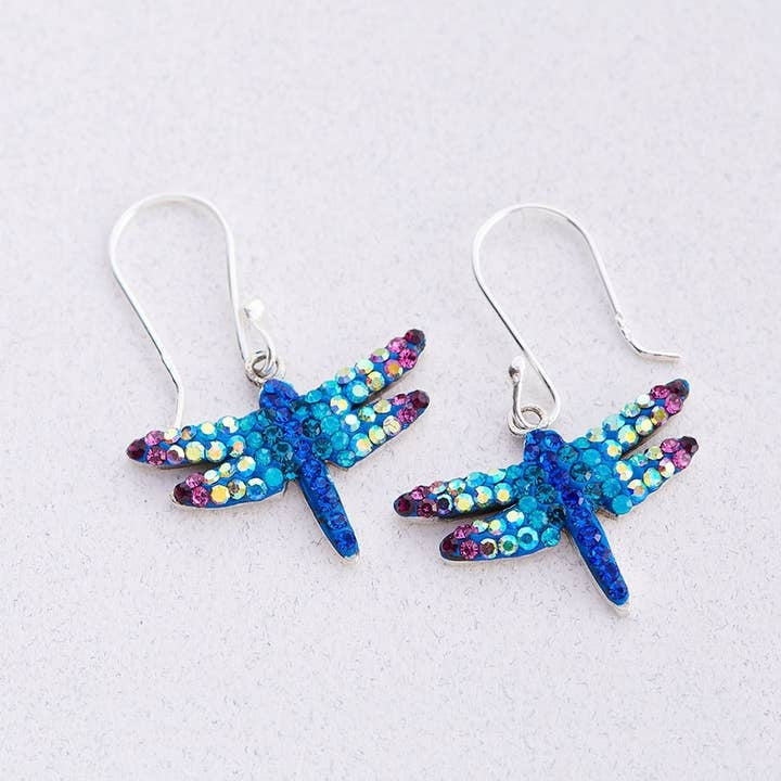 Sterling silver dragonfly drop earrings featuring Austrian crystals in a sparkling geometric pattern.