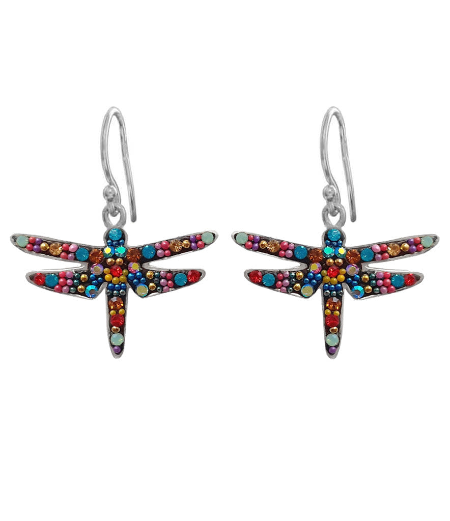 Sterling silver dragonfly drop earrings featuring Austrian crystals in a sparkling geometric pattern.