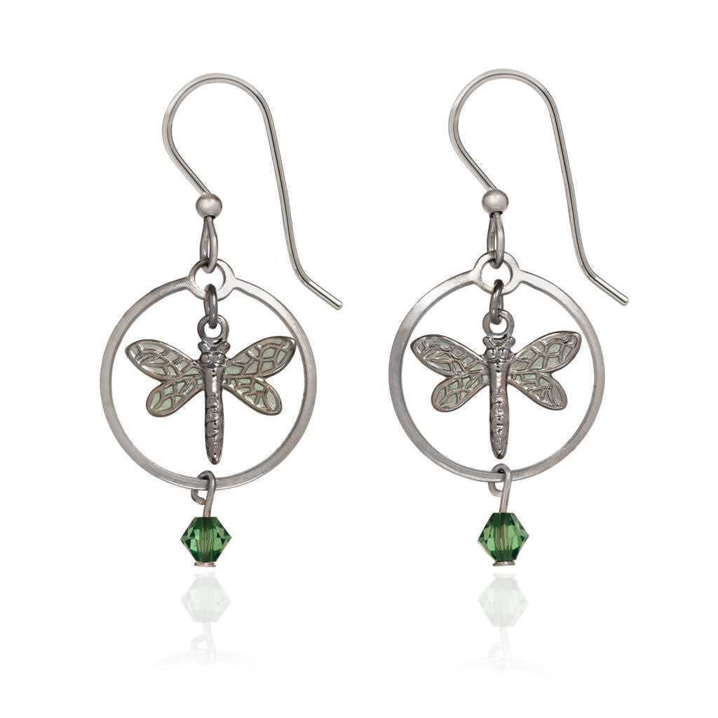 Silver-tone drop earrings with a mint-green dragonfly inside an open circle, accented by a green crystal bead.