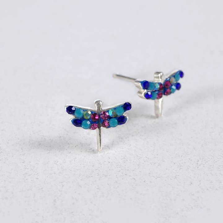 Sterling silver dragonfly post earrings featuring Austrian crystals in a detailed wing pattern.