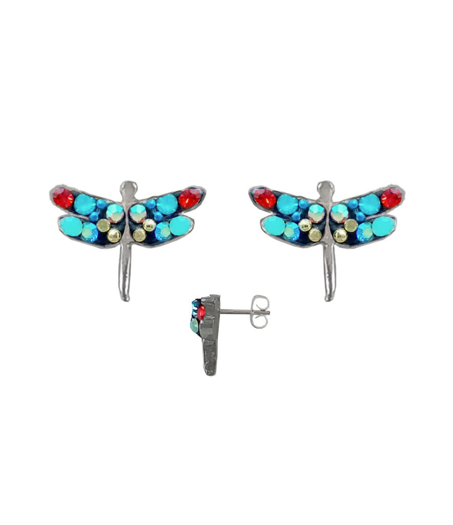 Sterling silver dragonfly post earrings featuring Austrian crystals in a sparkling geometric pattern.