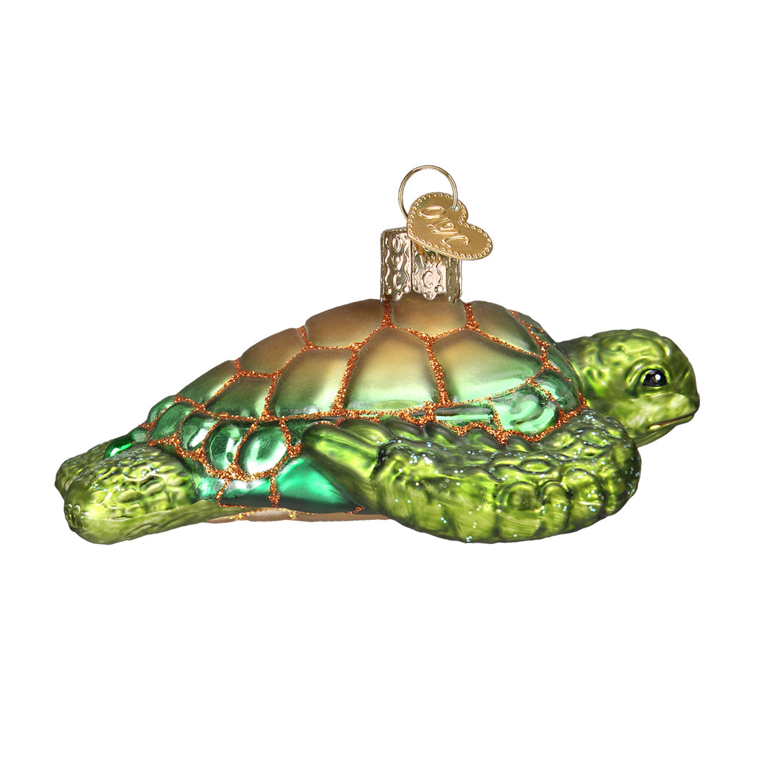 Green Sea Turtle glass ornament with a glittery shell and gold hanging loop.