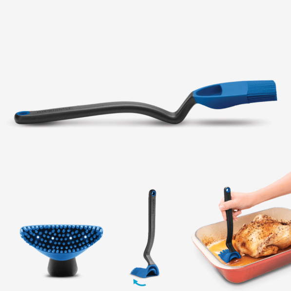 Classic Blue silicone basting brush with weighted handle and flexible head featuring four internal holes.