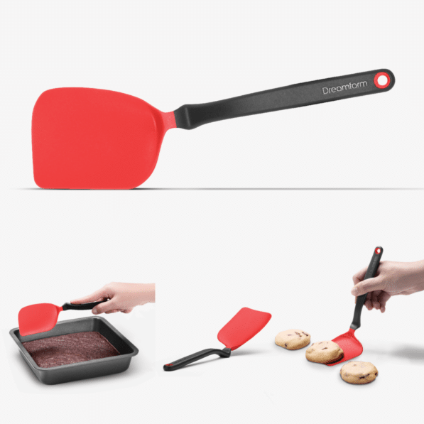 Red nylon Mini Chopula cookie turner with angled handle and multicurved head.