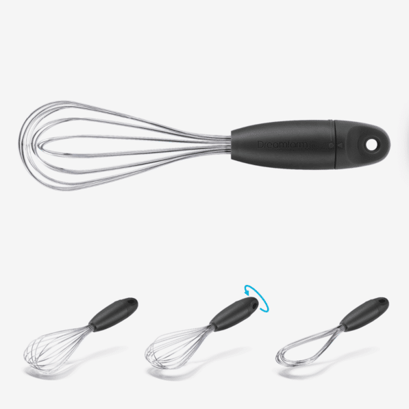 Black Mini Flisk whisk with three twisted stainless steel balloon tips.