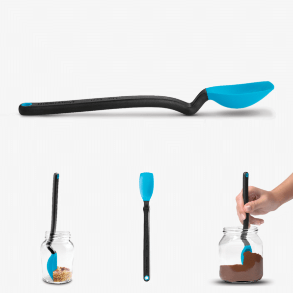 Mini Supoon silicone teaspoon with flat scraping tip and elevated handle in black.
