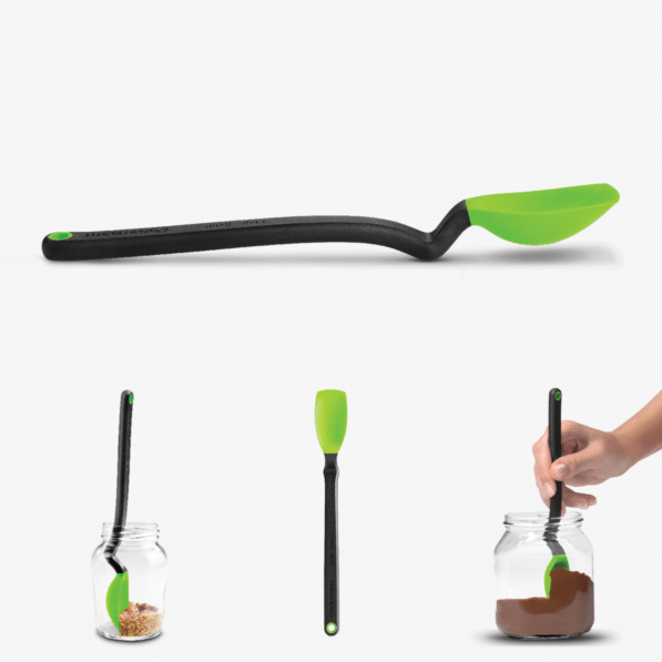 Green silicone Mini Supoon teaspoon with flexible sides and elevated handle.