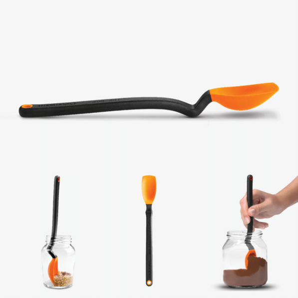 Orange silicone Mini Supoon teaspoon with flexible sides and elevated handle.