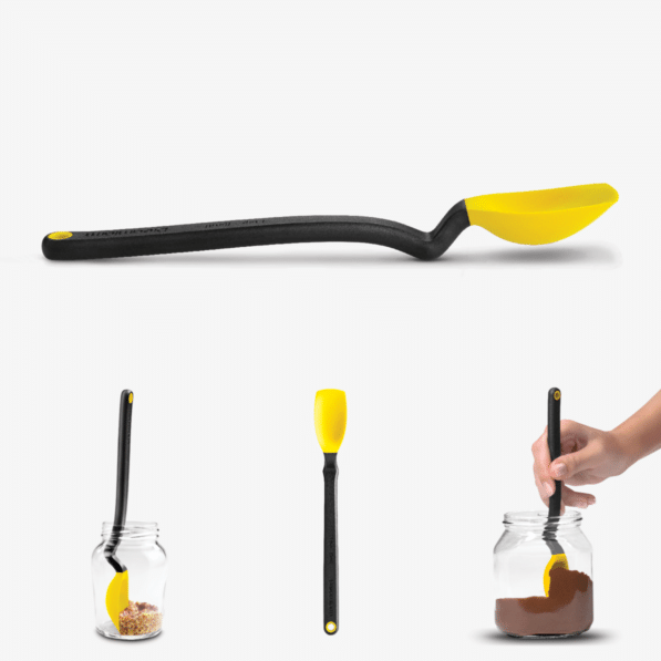 Yellow silicone Mini Supoon teaspoon with flat scraping tip and elevated handle.