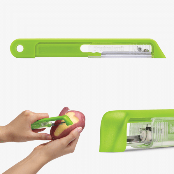 Green Sharple automatic knife sharpener with stainless steel blade and ceramic component.