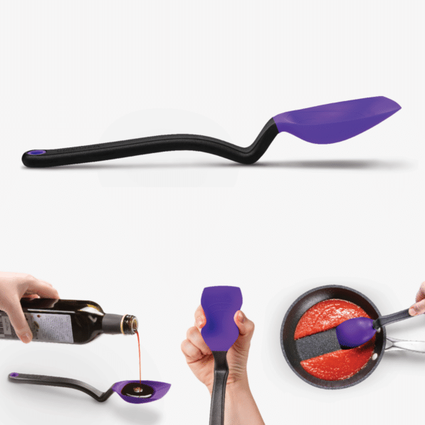 Purple silicone Supoon spoon with weighted handle designed to sit upright off the counter.