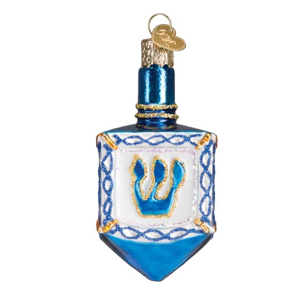 Red plastic dreidel ornament with Hebrew letters on four sides.