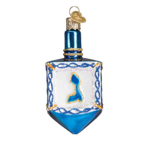 Red glass dreidel ornament with Hebrew letters on four sides.