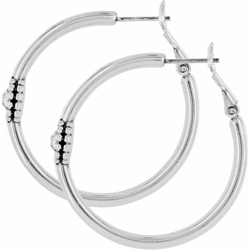 Silver plated medium hoop post earrings with lever back closure featuring fine quality crystal accents.